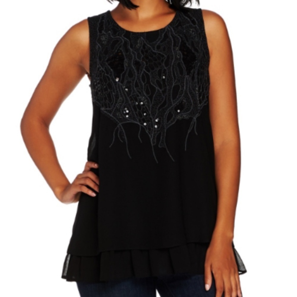 Lori Goldstein Cotton Slub Tank with Chiffon Trim